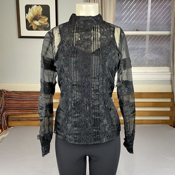 White House Black Market Vtg Style Blouse Women’s 4 Black Sheer Organza Lace